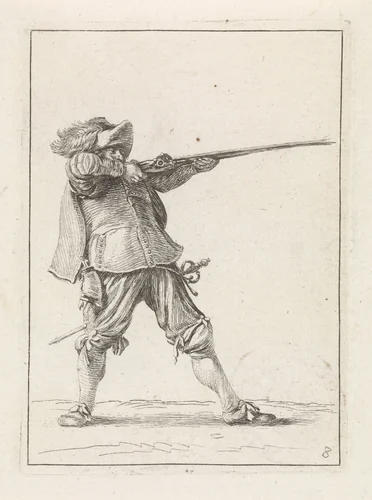 Staande soldaat, zijn geweer afschietende by Dirk Maas, print, 1710-1717