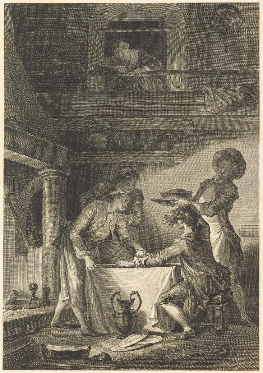 Le pate d'anguilles by Charles Emmanuel Patas; Jean Honoré Fragonard, print, 1744-1802