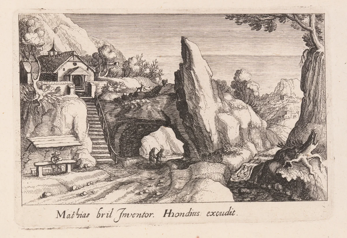 Pair of Figures Walking Under a Rock Bridge, from Topographia Variarum Regionum by Simon Frisius, print, 1614