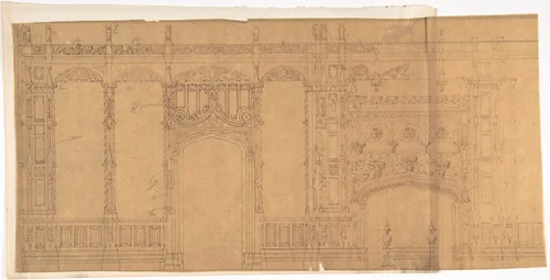 Design for a Gothic Wall Containing a Door and Fireplace by anonymous, drawing, 1800-1900
