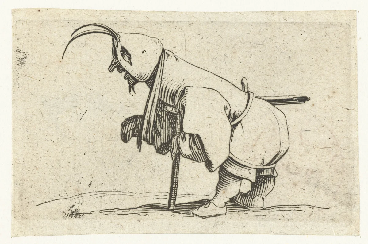 Kleine mens (karikatuur) met mitella, kruk en zwaard by Jacques Callot, print, 1621-1625