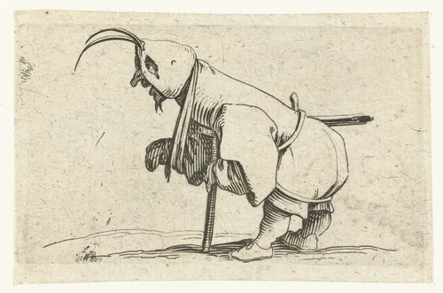 Kleine mens (karikatuur) met mitella, kruk en zwaard by Jacques Callot, print, 1621-1625