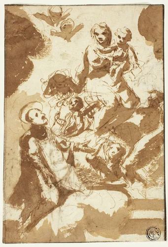 Virgin and Child on Clouds with Kneeling Male Saint (recto); Sketch of Two Female Figures (verso) by Unknown Italian Artist, drawing, 1600-1699