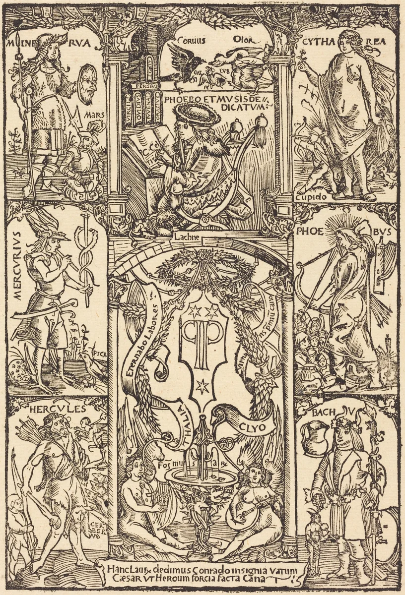 Celtes Surrounded by Greek and Roman Gods by Hans Süss von Kulmbach, print, 1502