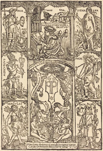 Celtes Surrounded by Greek and Roman Gods by Hans Süss von Kulmbach, print, 1502
