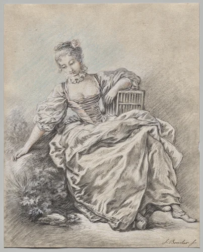 Seated Woman Holding a Bird Cage by François Boucher, drawing, 1700-1799