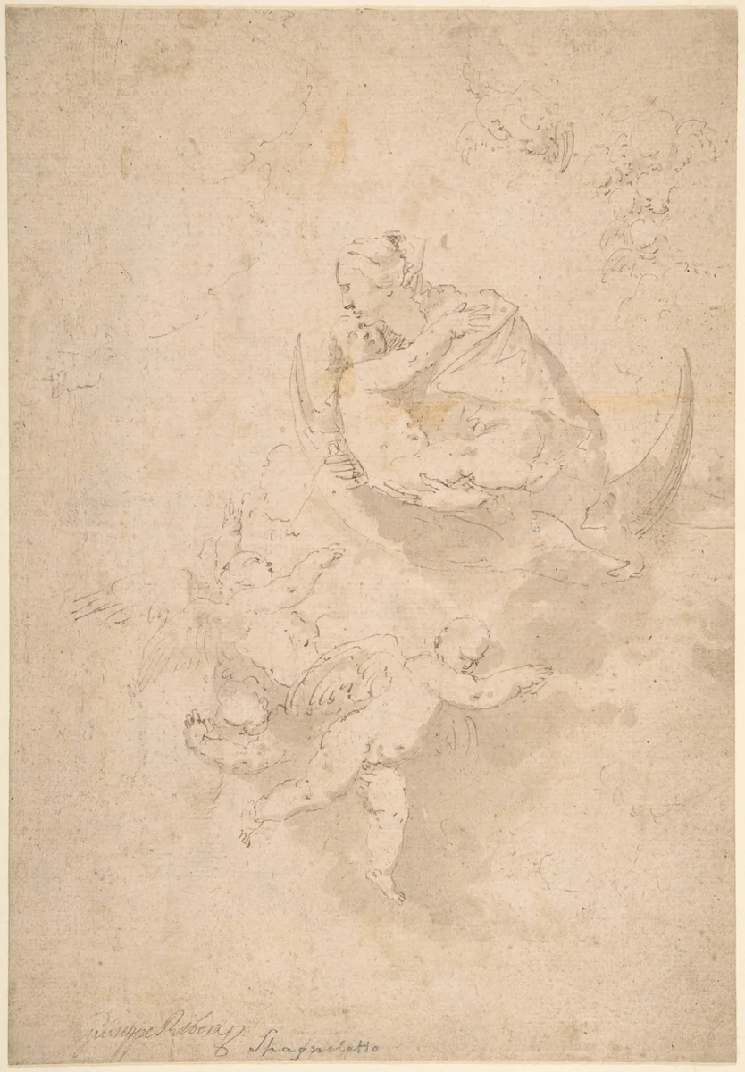 Virgin and Child on Crescent Moon with Putti by Jusepe de Ribera, drawing, 1591-1652