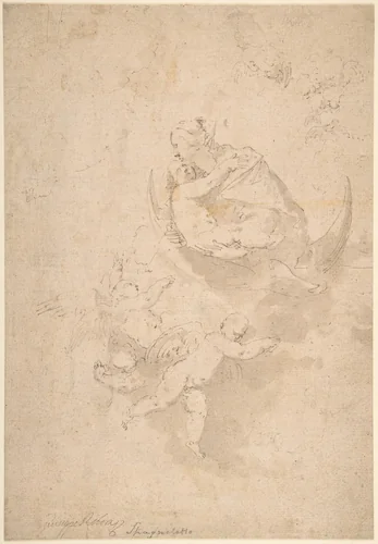 Virgin and Child on Crescent Moon with Putti by Jusepe de Ribera, drawing, 1591-1652