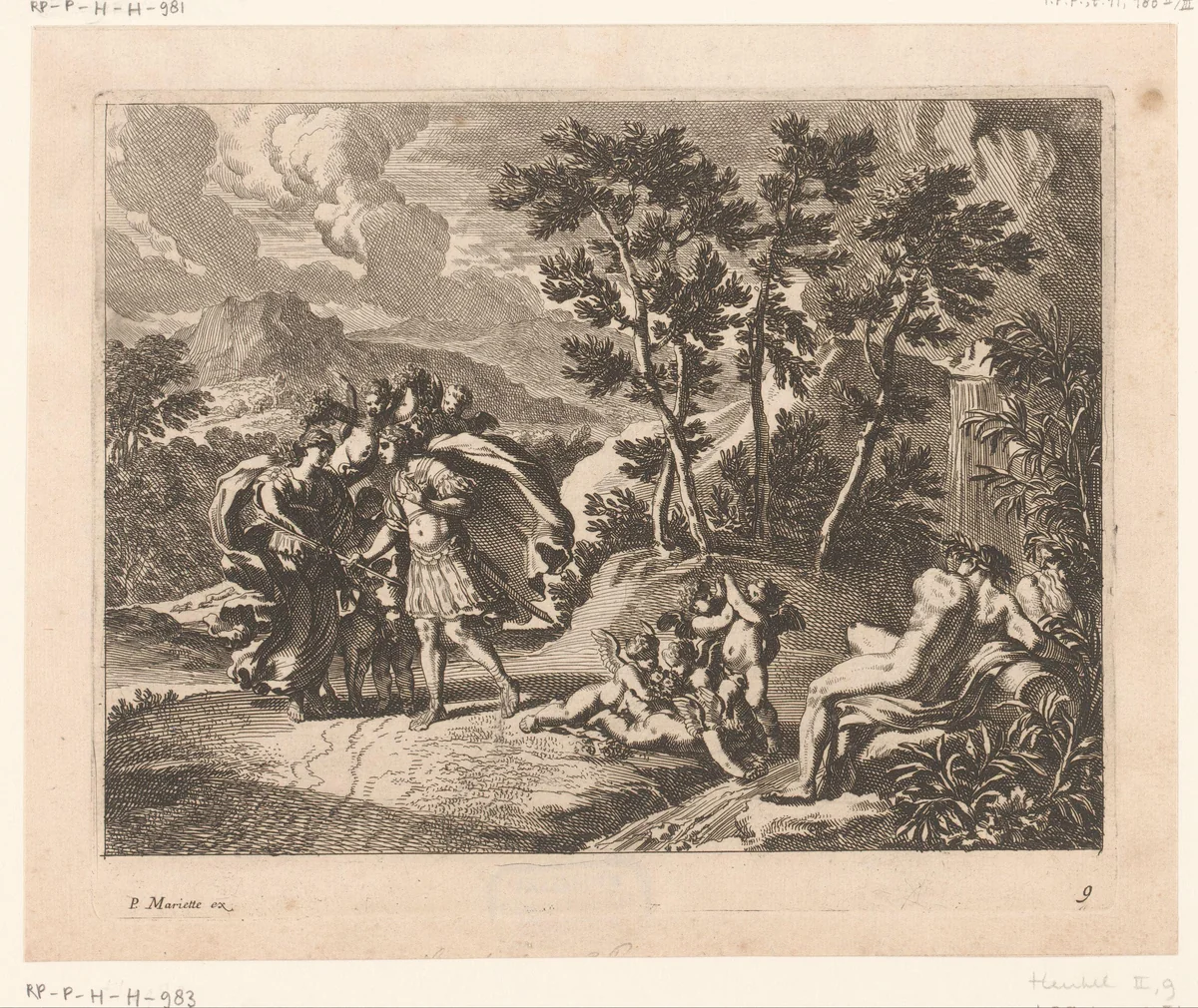 Procris geeft Cephalus een jachthond en een speer by Jean Lepautre, print, 1628-1682