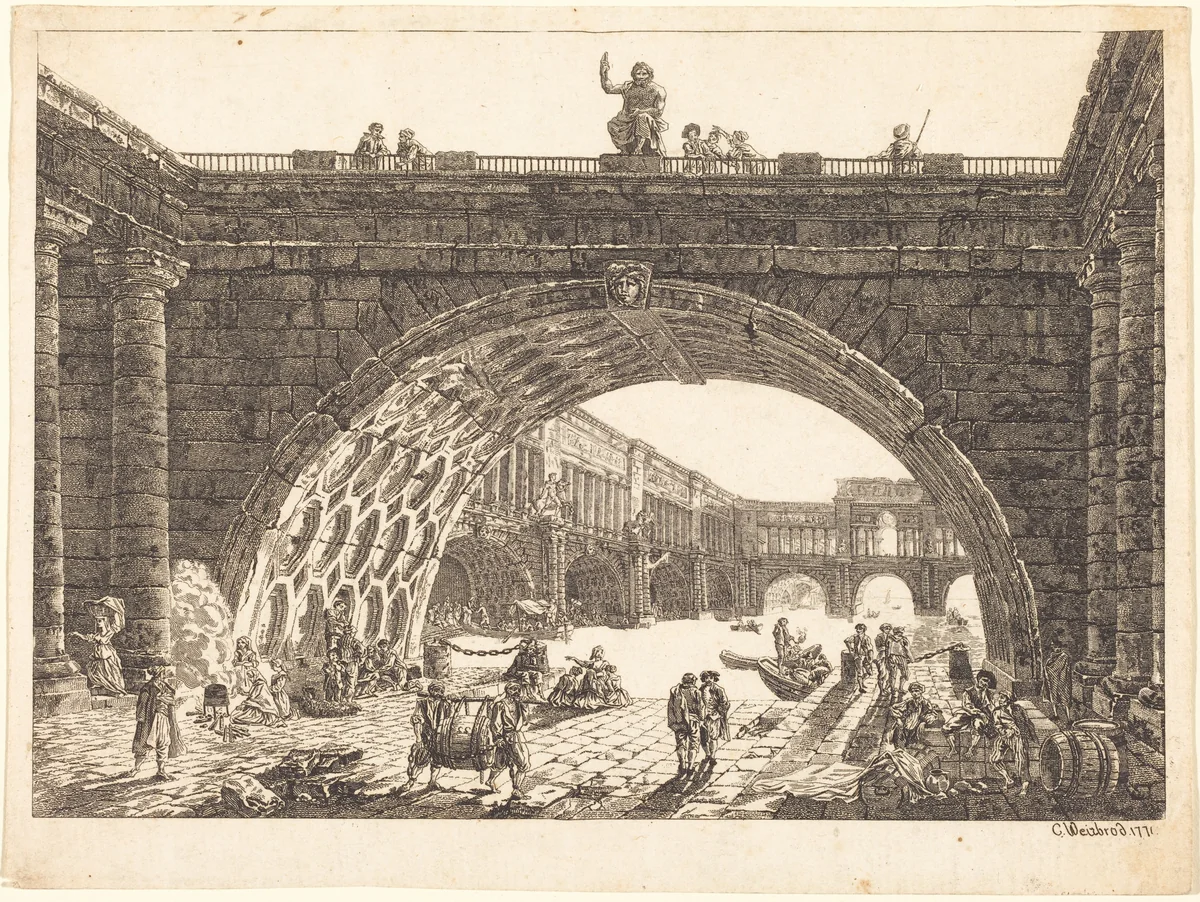 Architectural Fantasy of a Monumental Port by Carl Wilhelm Weisbrod; Hubert Robert, print, 1771