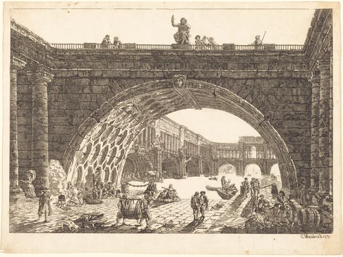 Architectural Fantasy of a Monumental Port by Carl Wilhelm Weisbrod; Hubert Robert, print, 1771