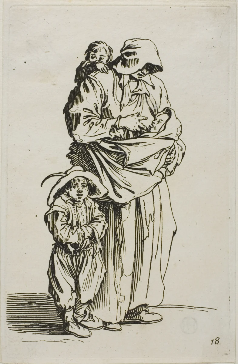 A Mother with her Three Children, plate 18 from The Beggars by Jacques Callot, print, 1617-1627