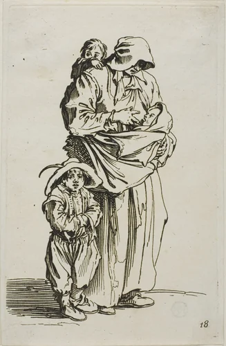 A Mother with her Three Children, plate 18 from The Beggars by Jacques Callot, print, 1617-1627