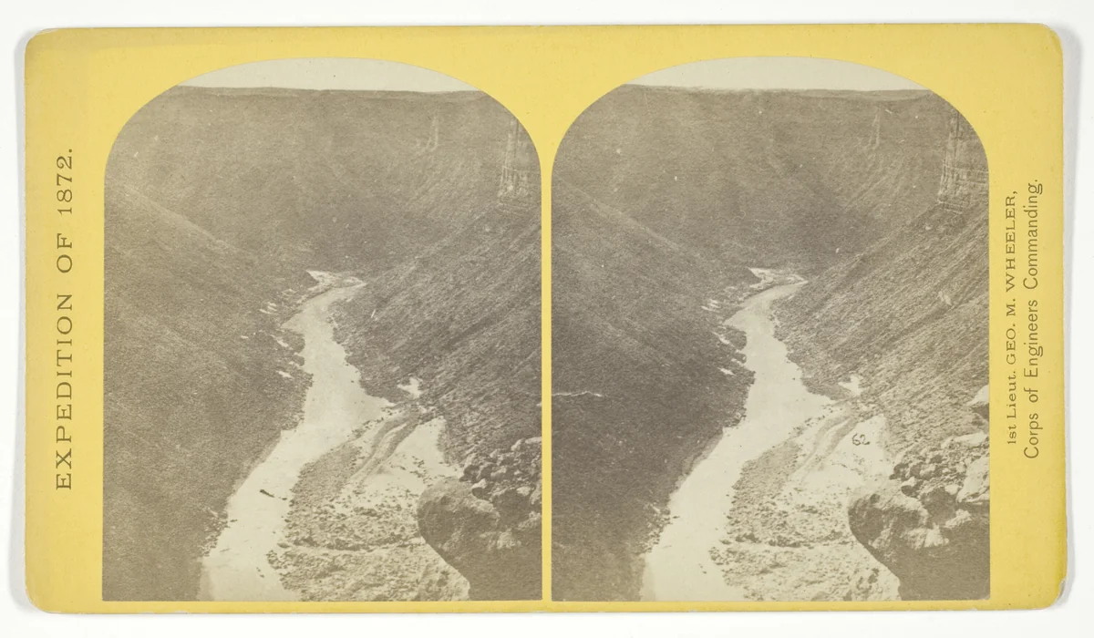 Marble Cañon, one of the gorges of the Colorado here, 1.200 feet deep. The steep cliff is gray limestone and the slope below a brilliant red sandstone, No. 13 from the series "Geographical Explorations and Surveys West of the 100th Meridian" by William H. Bell, photograph, 1872