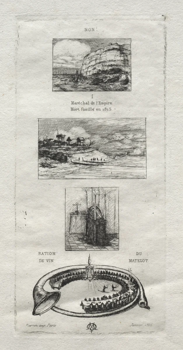 Rebus: "No, Morny is not dead for he is marrying again" by Charles Meryon, print, 1866
