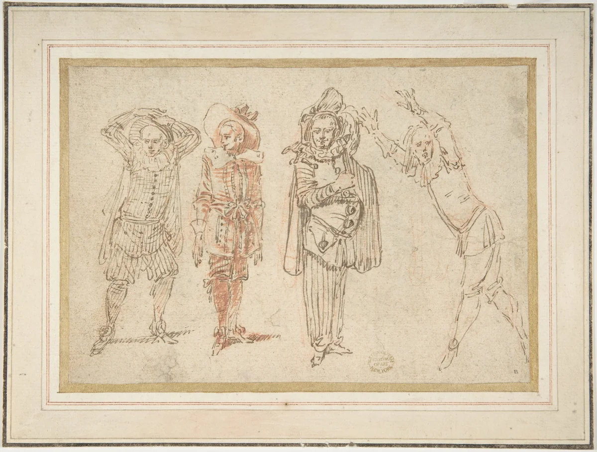 Figures in Theatrical Costumes by Claude Gillot, drawing, 1685-1722