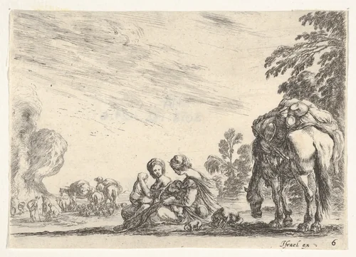 Plate 6: two women, one nursing a child, seated next to a dog and a horse carrying a pack, horses and figures to left in the background, from "Various Figures" (Agréable diversité de figures) by Stefano della Bella, print, 1642