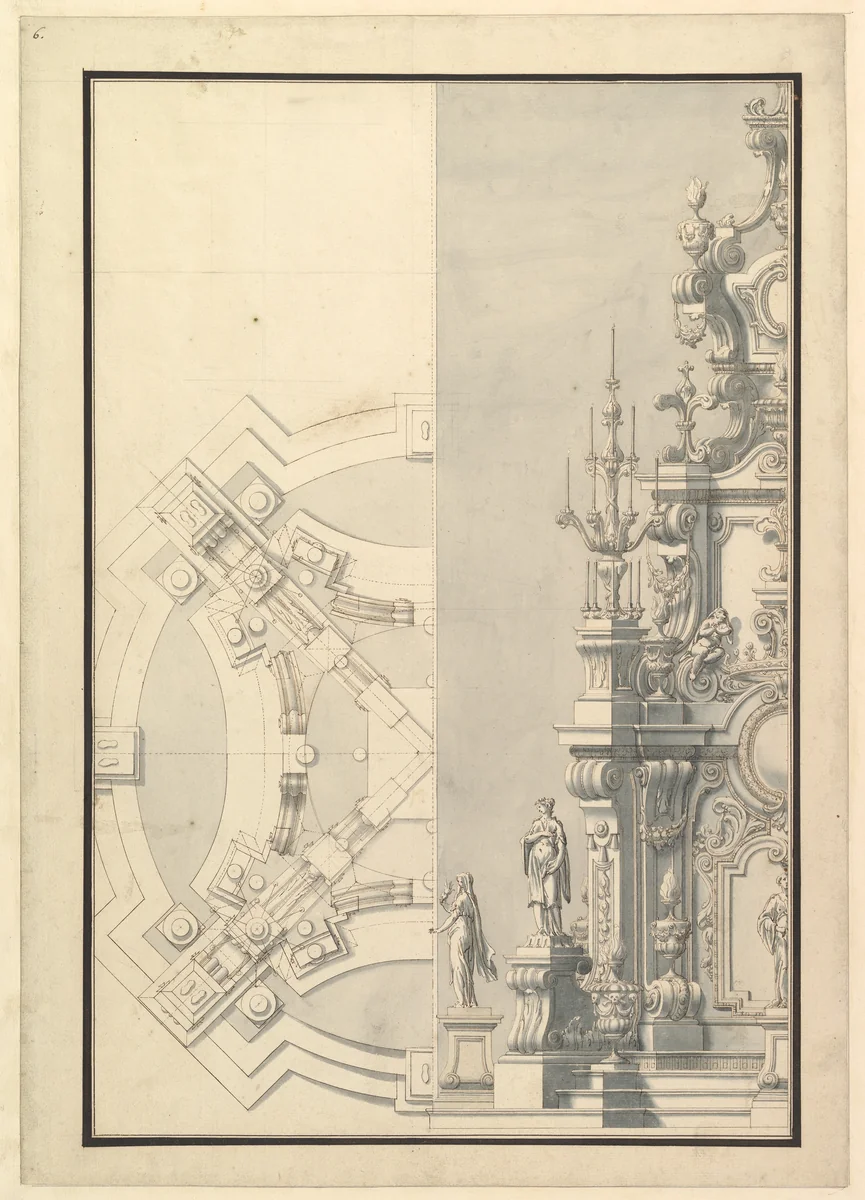 Half Ground Plan and Half Elevation for a Catafalque for Duke Francesco of Parma (1694–1727) by Giuseppe Galli Bibiena, drawing, 1722-1732