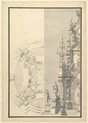 Half Ground Plan and Half Elevation for a Catafalque for Duke Francesco of Parma (1694–1727) by Giuseppe Galli Bibiena, drawing, 1722-1732