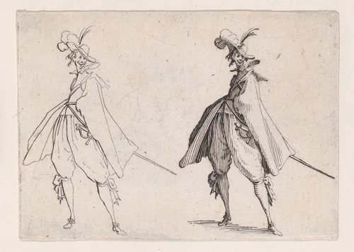 Le Gentilhomme au Grand Manteau, Vu de Face (The Gentleman with a Large Mantle, Viewed from the Front), from "Les Caprices" Series A, The Florence Set by Jacques Callot, print, 1617