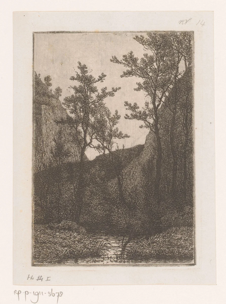 Berglandschap bij Hastière by Jean Pierre François Lamorinière, print, 1838-1911