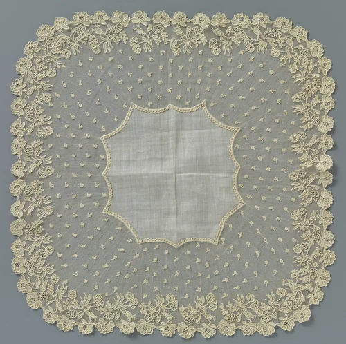 Zakdoek van naaldkant met hangende bloemtakjes by anonymous, textile, 1825-1835