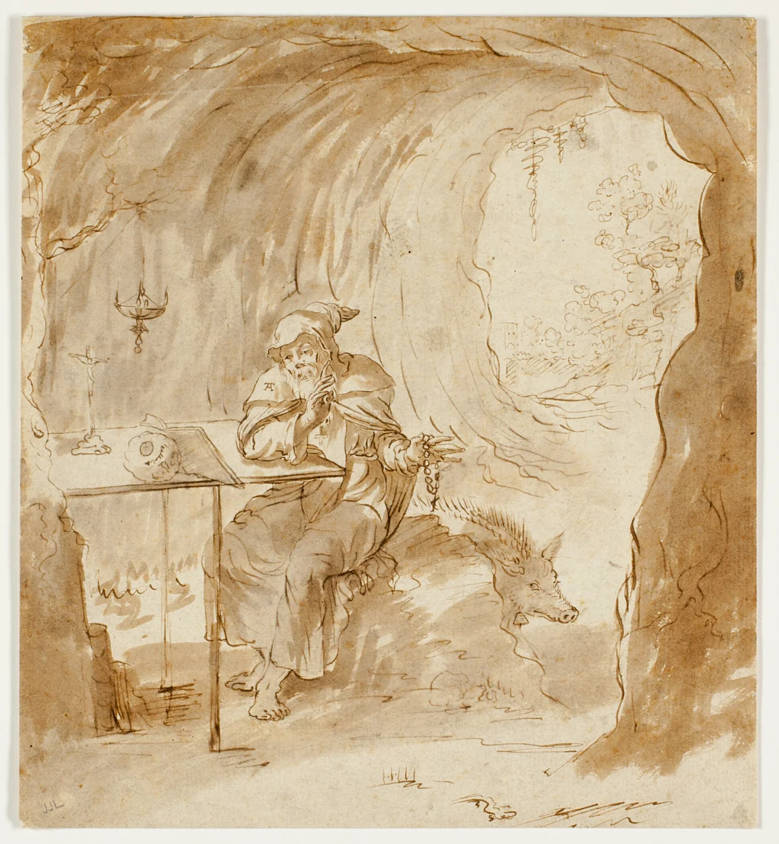 St. Anthony with the Boar by Antonio Tempesta, drawing, 1555-1630