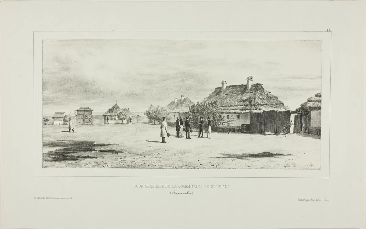 Courtyard of the Quarantine General, Skoulani, Bessarabia by Denis Auguste Marie Raffet, print, 1839