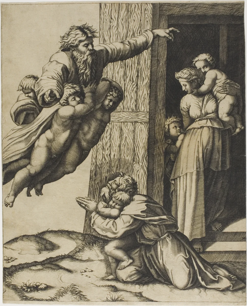 God Commanding Noah to Build the Ark by Marco Dente Raffaello Sanzio, print, 1520