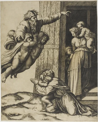 God Commanding Noah to Build the Ark by Marco Dente Raffaello Sanzio, print, 1520