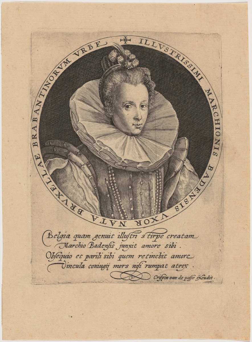 Elizabeth van Pallandt, Countess of Culemborg, Wife of Jacob, Margrave of Baden by Crispijn van de Passe I, print, 1565-1637