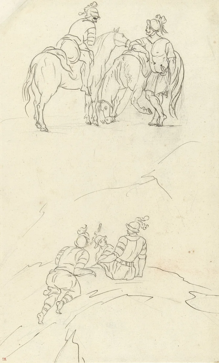 Rustende ruiters by Carle Vernet, drawing, 1768-1836