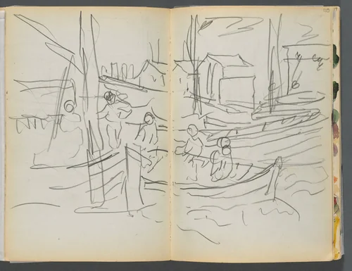 Sketchbook- The Granite Shore Hotel, Rockport, page 114 &115: Figures on a Sailboat by Maurice Prendergast, book, 1905-1910