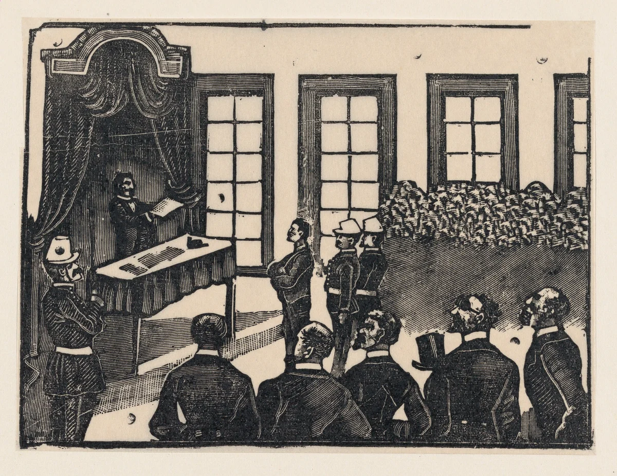 A courtroom scene by José Guadalupe Posada, print, 1887-1897