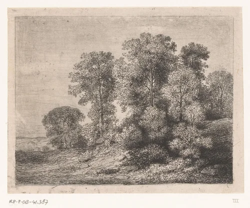 Bomen en struikgewas op een heuvel by Jean Alexis Achard, print, 1850