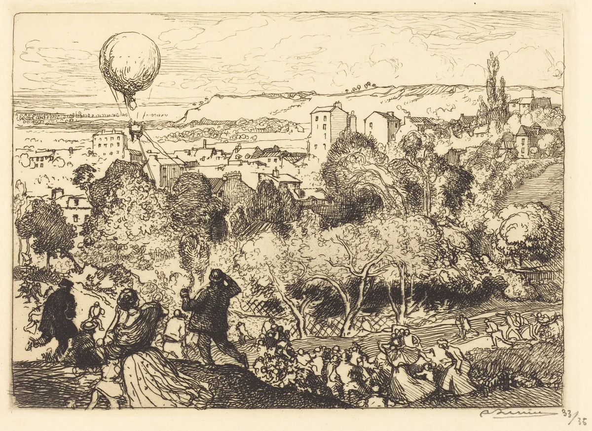 The Falling Balloon, in Pre-Saint-Gervais (Lebaloon qui tombe, au Pre-Saint-Gervais) by Auguste Lepère, print, 1910