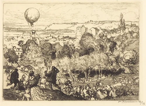 The Falling Balloon, in Pre-Saint-Gervais (Lebaloon qui tombe, au Pre-Saint-Gervais) by Auguste Lepère, print, 1910