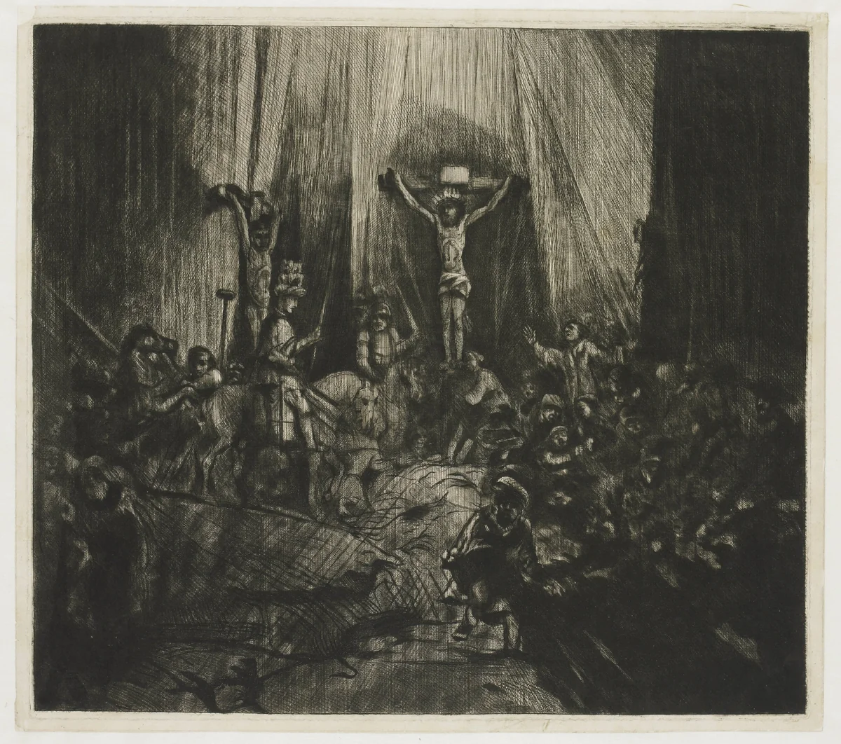 Christ Crucified between the two Thieves: 'The Three Crosses' by George Bickham, print, 1760-1765