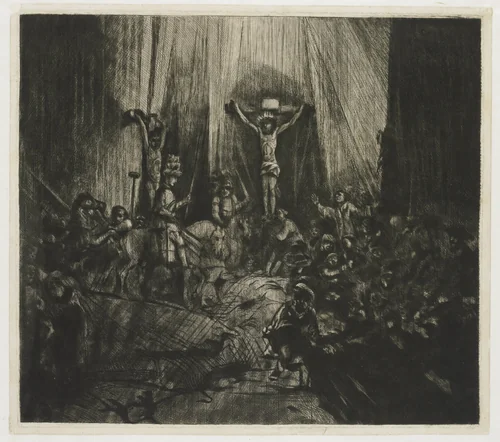 Christ Crucified between the two Thieves: 'The Three Crosses' by George Bickham, print, 1760-1765