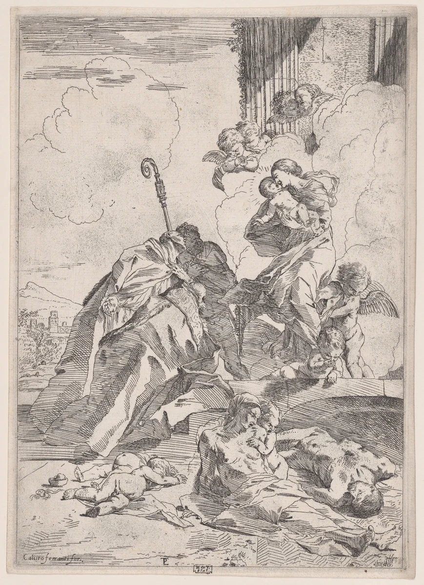 Three Luchese saints interceding with the Virgin for the victims of the plague by Pietro Testa, print, 1600-1650