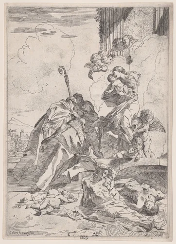 Three Luchese saints interceding with the Virgin for the victims of the plague by Pietro Testa, print, 1600-1650