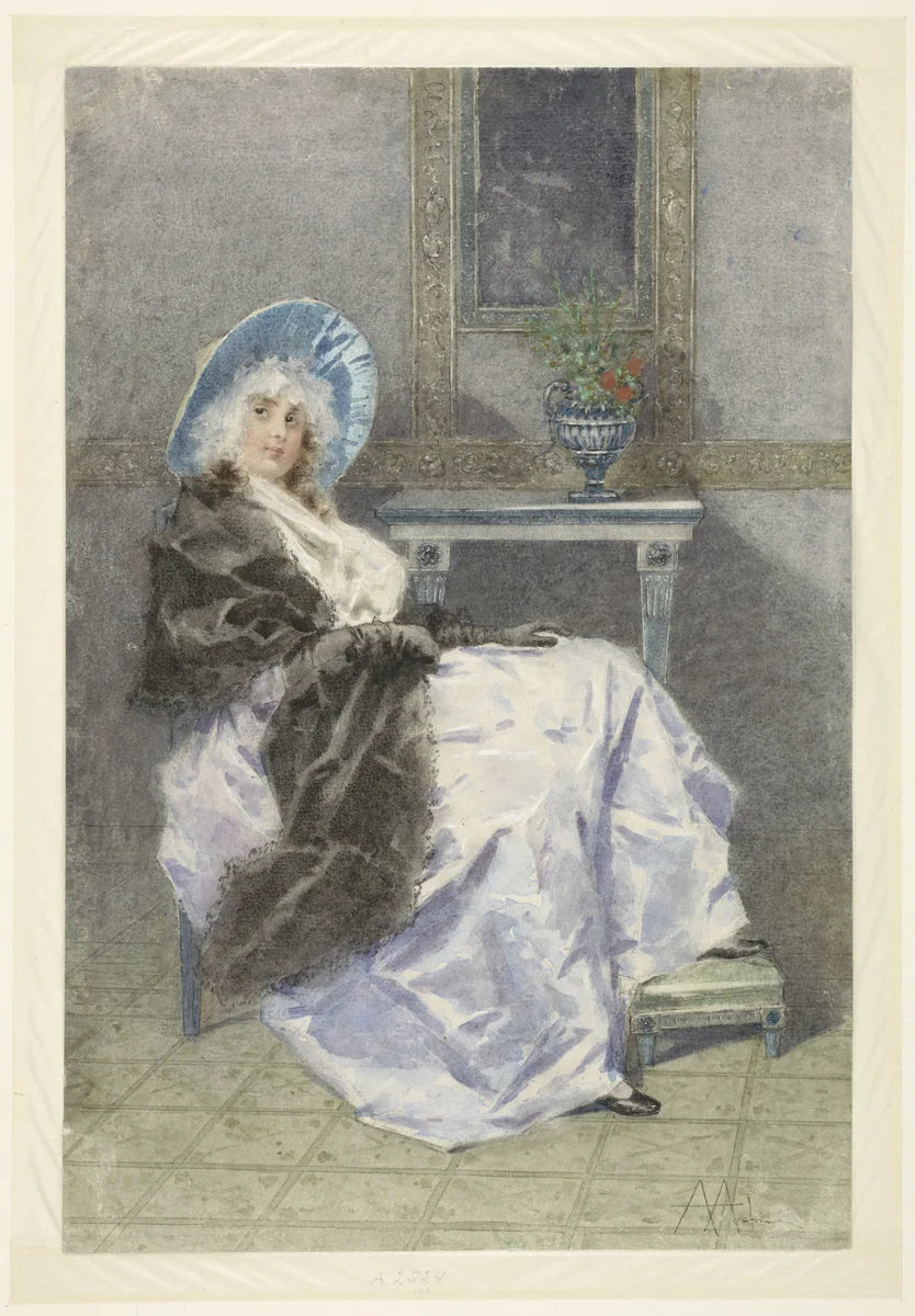 Zittende jonge vrouw met zwarte shawl en paarse rok by Angelo Achini, drawing, 1860-1892