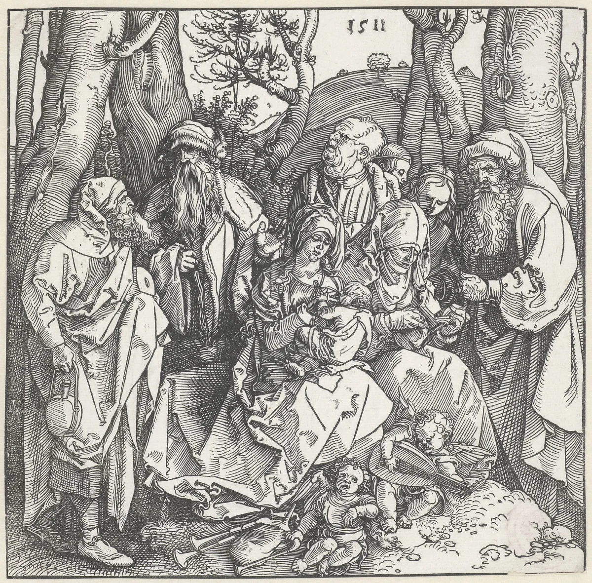 De Heilige Familie met Anna, haar drie echtgenoten en de twee halfzusters van Maria by Unknown, print, 1511