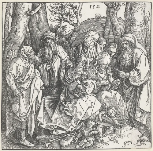 De Heilige Familie met Anna, haar drie echtgenoten en de twee halfzusters van Maria by Unknown, print, 1511