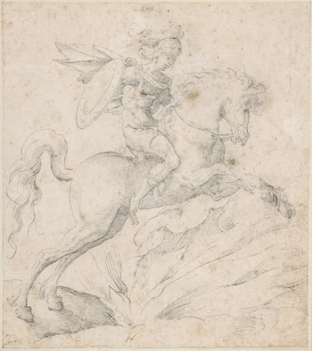 Marcus Curtius by Jost Amman, drawing, 1540-1591