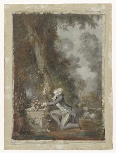 Jongeman knielend bij een liefdesaltaar in een tuin by Jean Frédéric Schall, drawing, 1762-1825