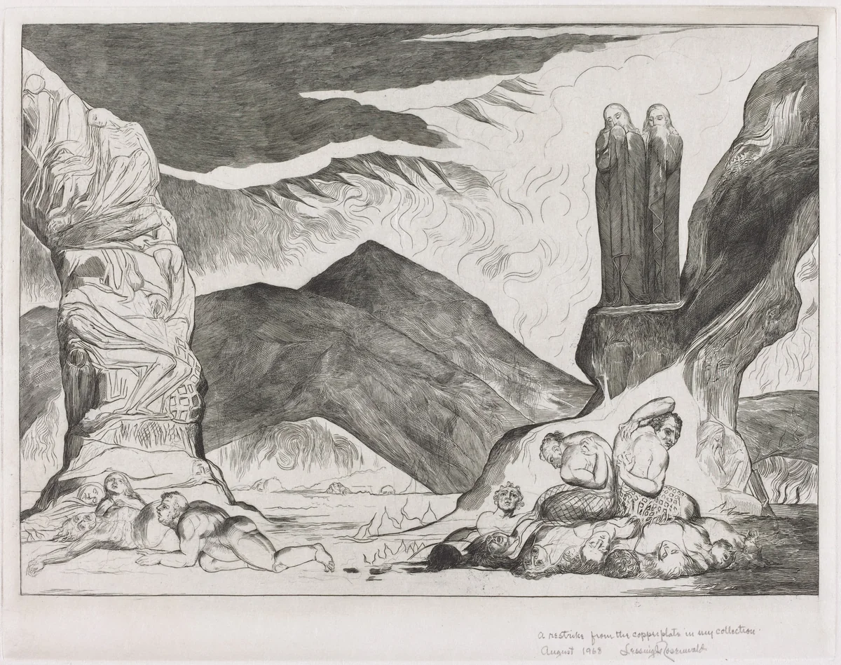 The Circle of the Falsifiers: Dante and Virgil Covering their Noses because of the stench by William Blake, print, 1827