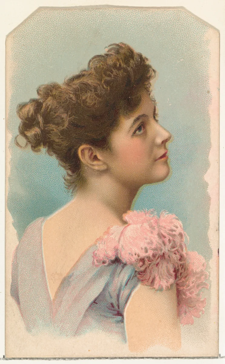 Actress in profile wearing pink feather on shoulder, from Stars of the Stage, First Series (N129) issued by W. Duke, Sons & Co. to promote Honest Long Cut Tobacco by W. Duke, Sons & Co., print, 1890