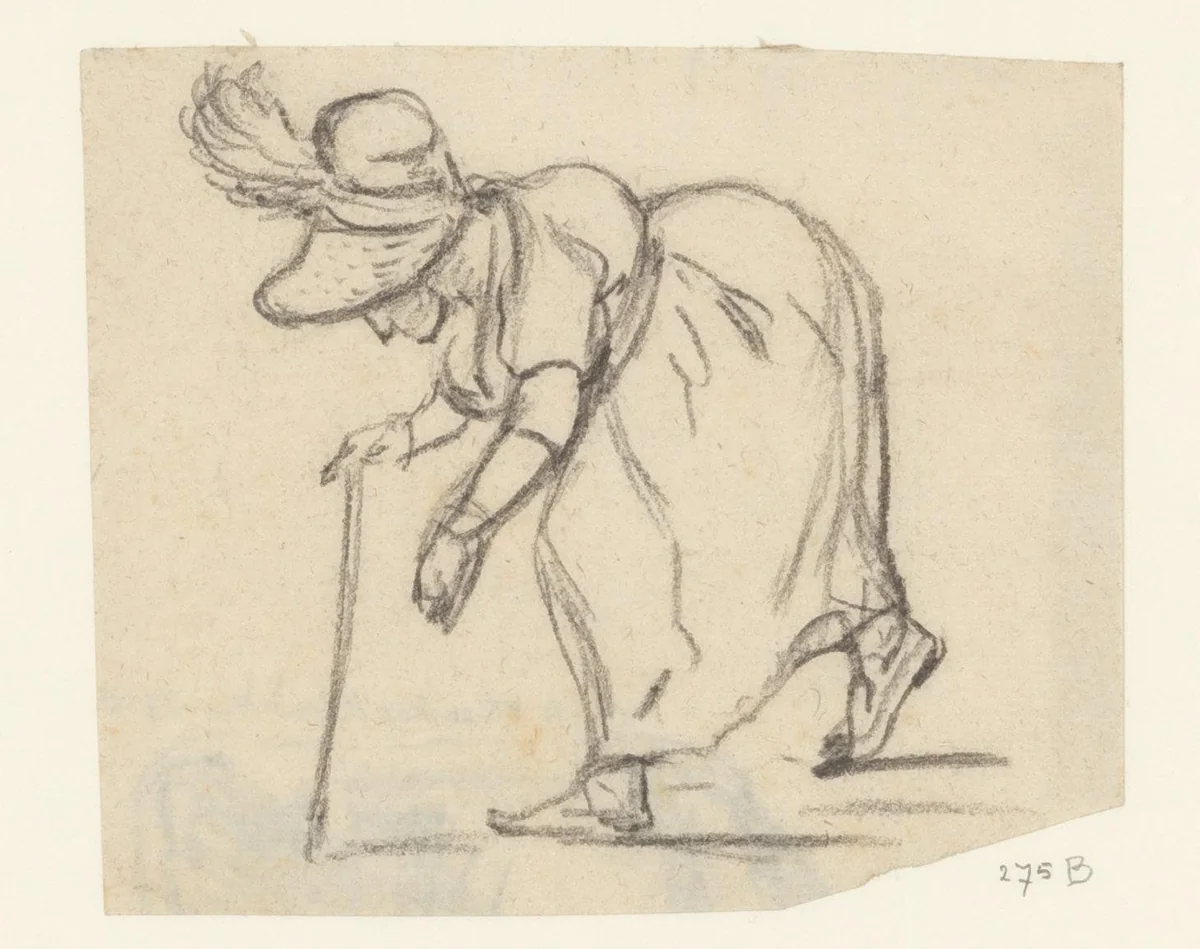 Vrouw met een kromme rug loopt met een wandelstok by anonymous, drawing, 1800-1849