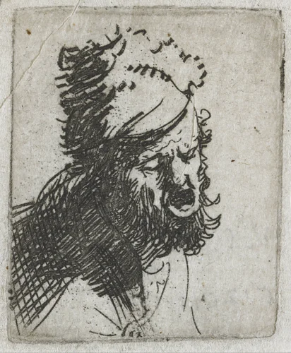 Head of a man in a fur cap, crying out by Rembrandt van Rijn, print, 1629